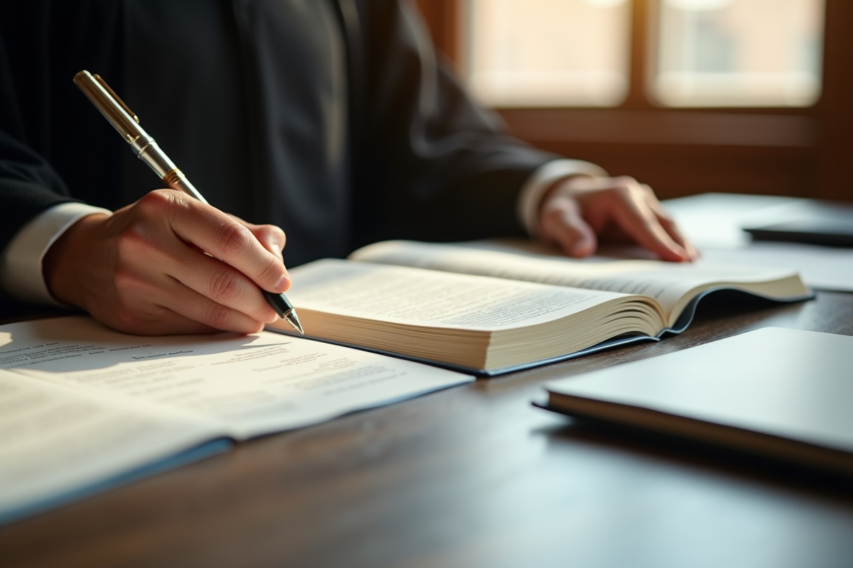 Main d'un juge tenant un livre de droit ouvert en salle d'audience