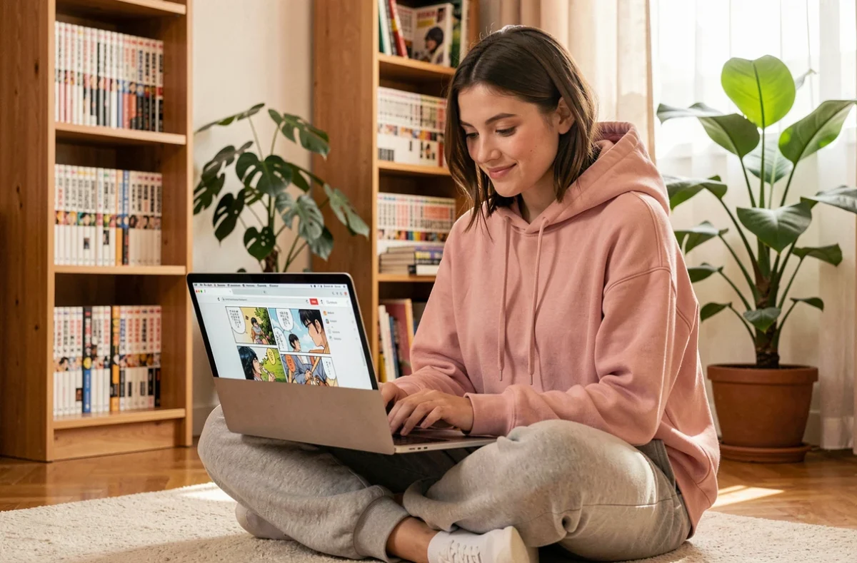Jeune femme lisant des mangas en ligne sur son ordinateur portable dans sa chambre décorée de volumes manga
