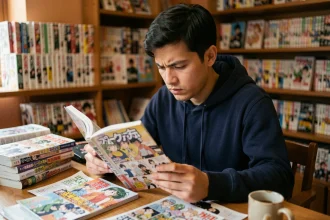 Jeune homme lisant un scan One Piece à son bureau entouré de volumes manga