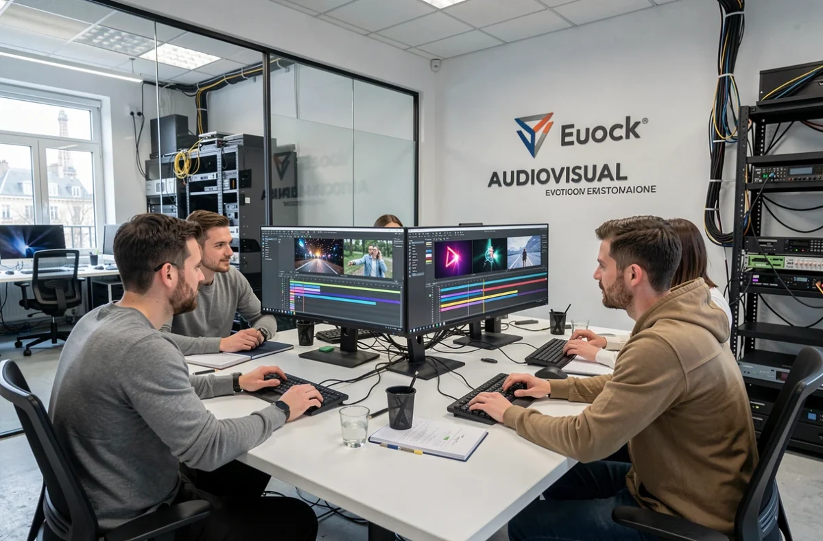 Équipe d'une agence audiovisuelle parisienne travaillant autour d'une station de montage professionnelle