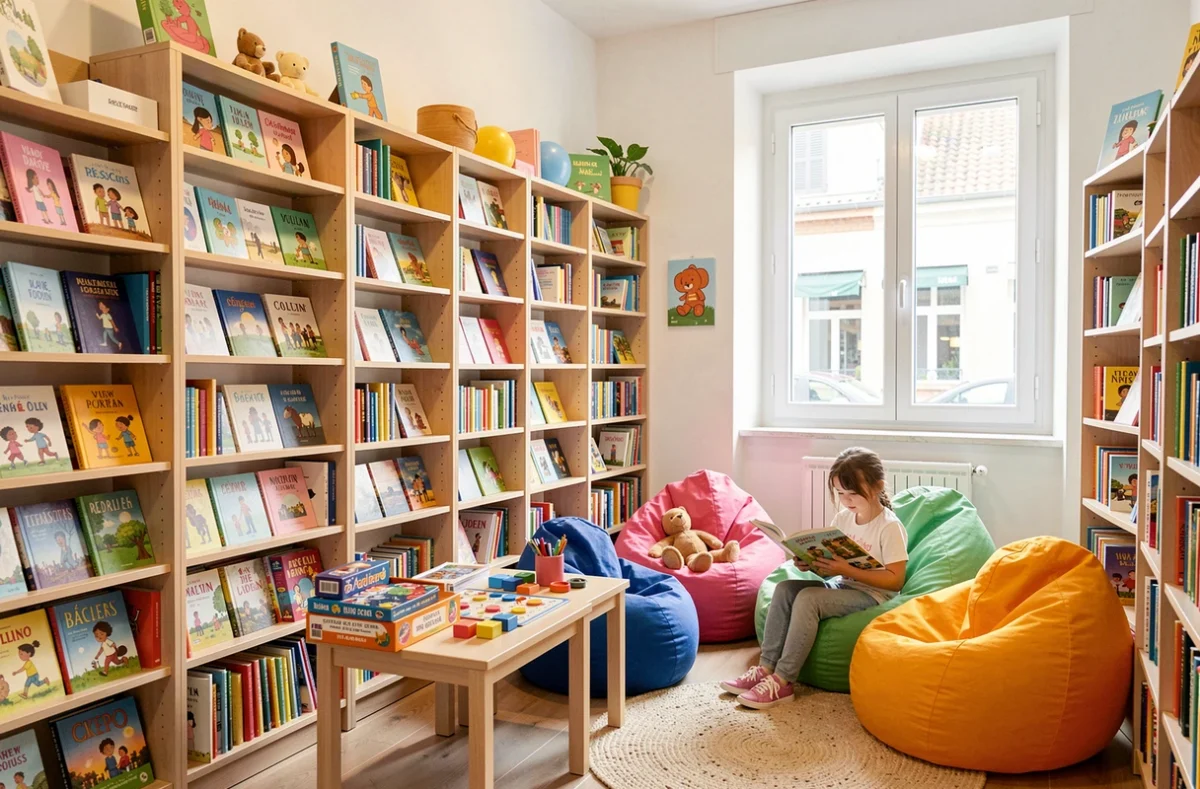 Librairie Clareton à Béziers, spécialisée en jeunesse et loisirs, avec ses rayons de livres illustrés et son coin lecture coloré pour les enfants