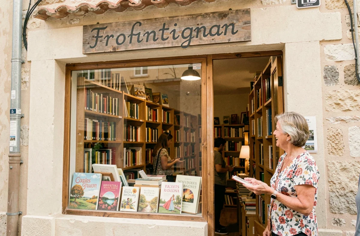 Devanture accueillante de la librairie La Plume Bleue à Frontignan avec sa vitrine de livres et son ambiance de librairie de quartier
