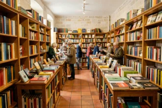 Intérieur d'une librairie indépendante dans l'Hérault avec des rayonnages en bois chargés de livres colorés et des clients qui parcourent les allées
