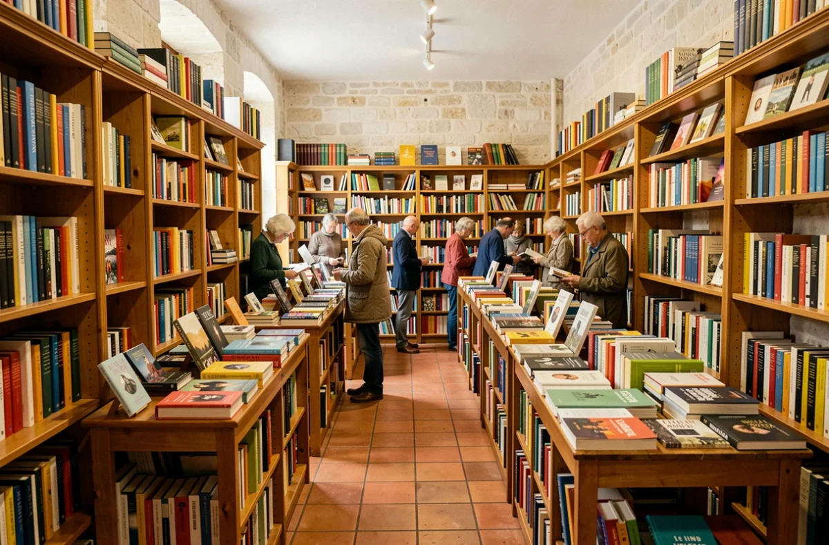 Intérieur d'une librairie indépendante dans l'Hérault avec des rayonnages en bois chargés de livres colorés et des clients qui parcourent les allées