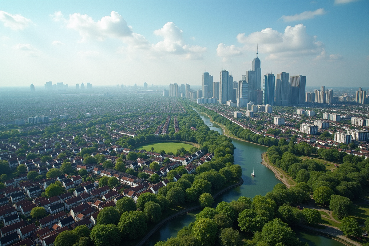 Paysage urbain contrasté entre centre-ville et banlieue en plein jour