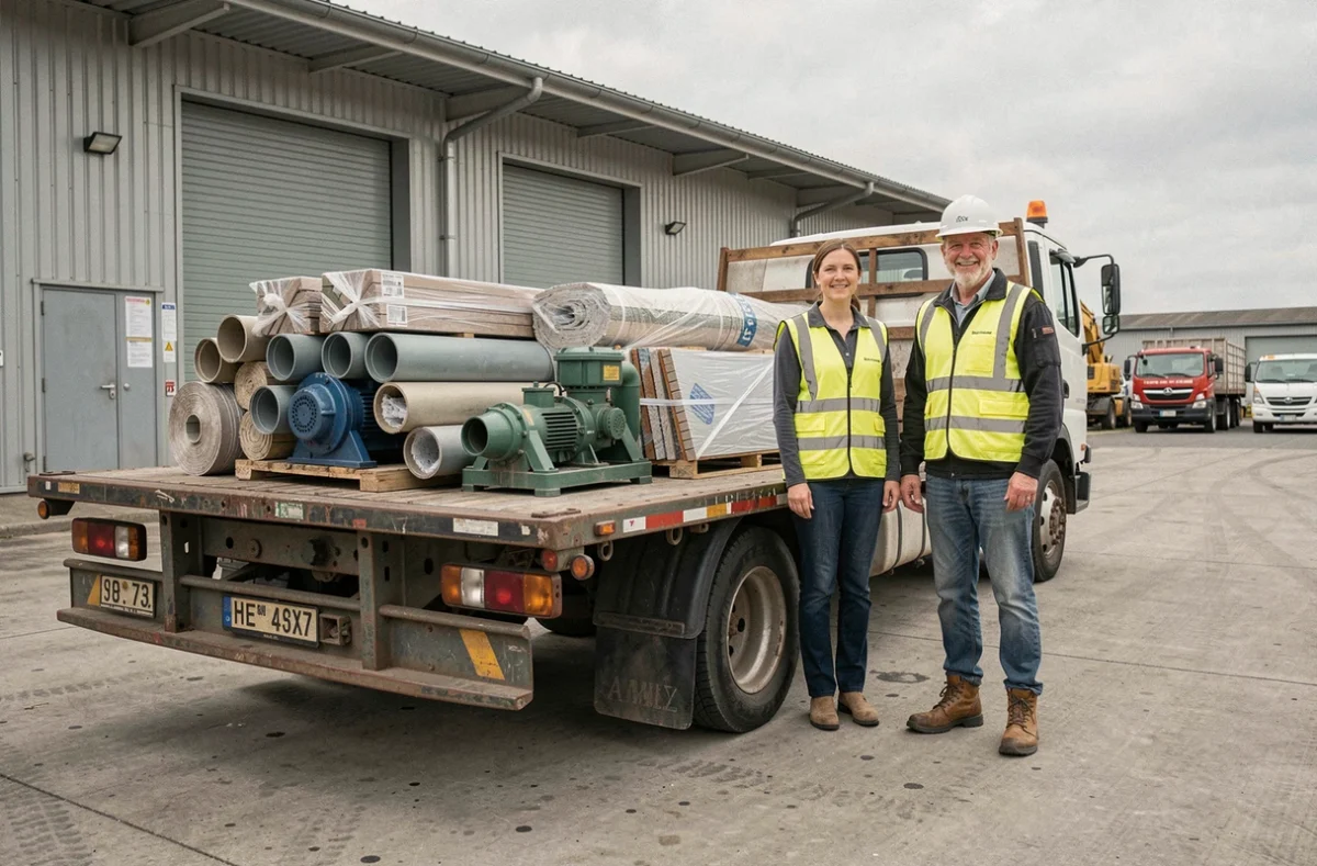 Équipe logistique piscine chargeant du matériel de construction sur un camion dans un dépôt professionnel