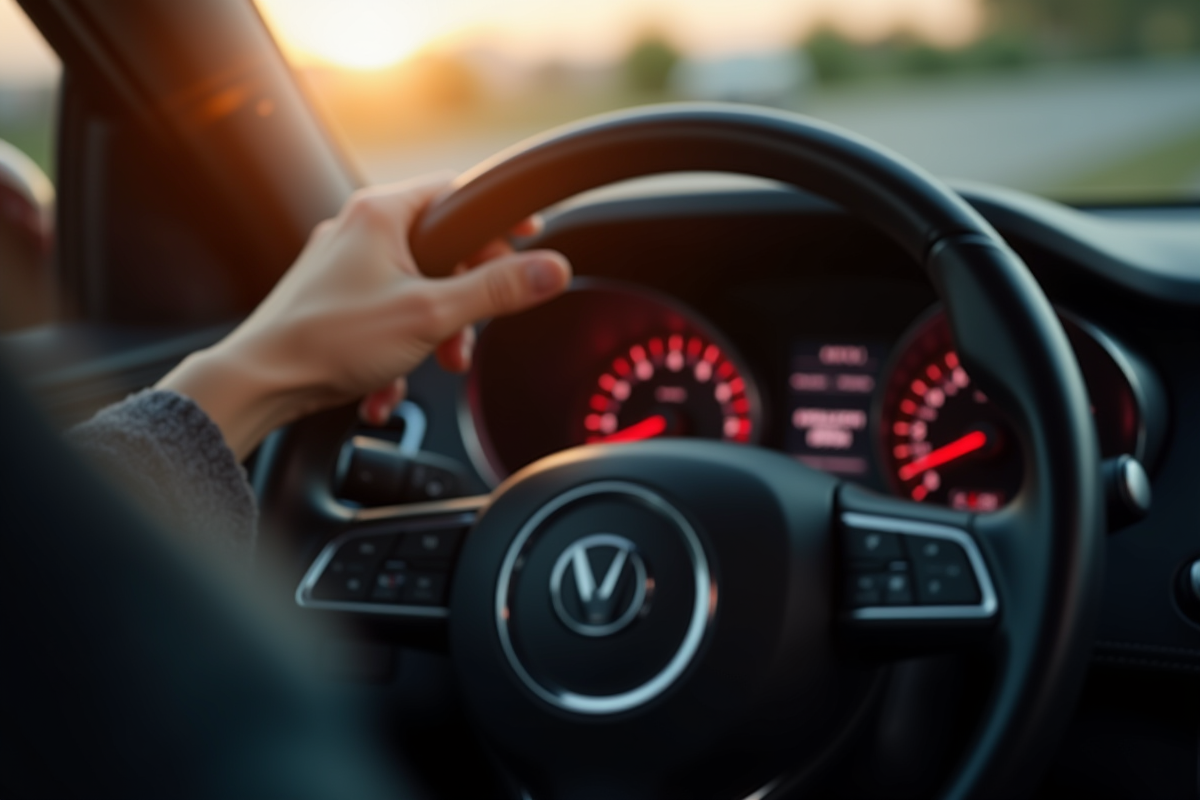 Main du conducteur sur le volant avec voyant ASR visible