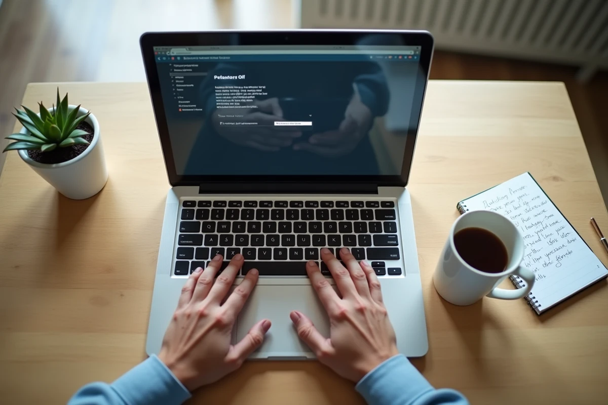 Mains sur un clavier d'ordinateur portable avec un écran de réinitialisation de mot de passe pour résoudre un problème d'accès Diparaz