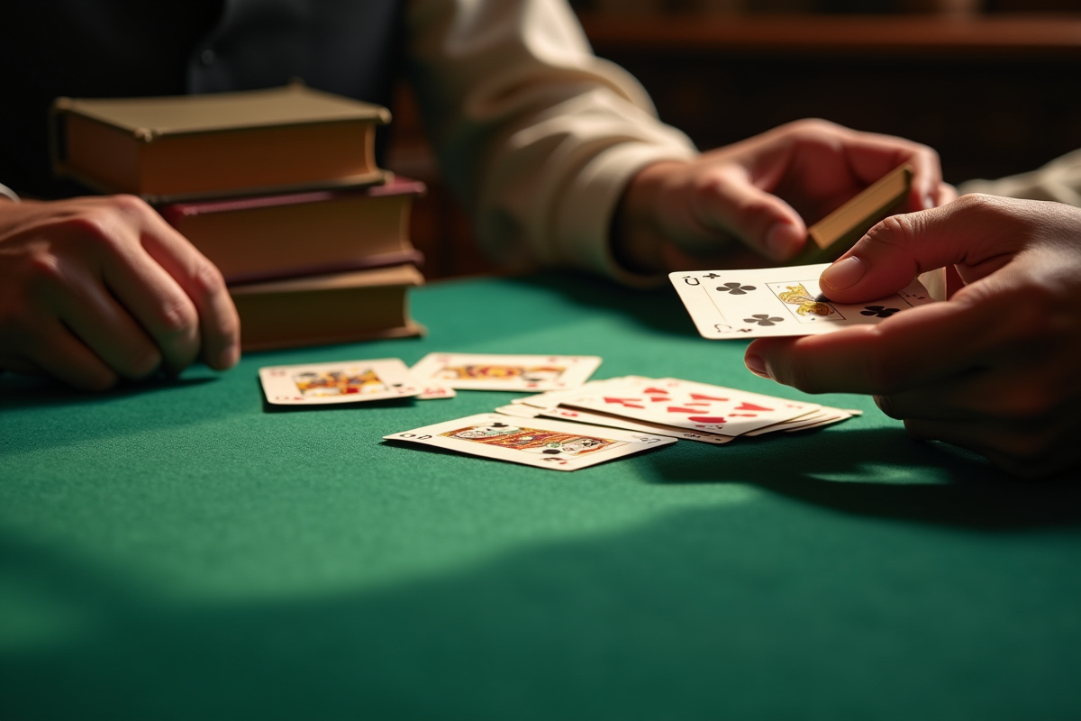 Mains distribuant des cartes de rami sur une table en feutre vert