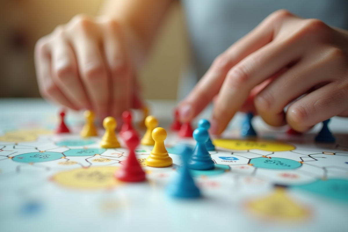 Mains manipulant des pièces de jeu sur une table blanche