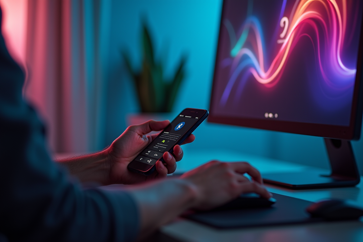 Mains tenant un smartphone et une souris près d un PC avec icône Bluetooth allumée
