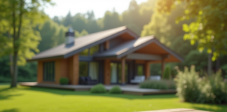 Maison moderne avec grandes fenêtres entourée de verdure