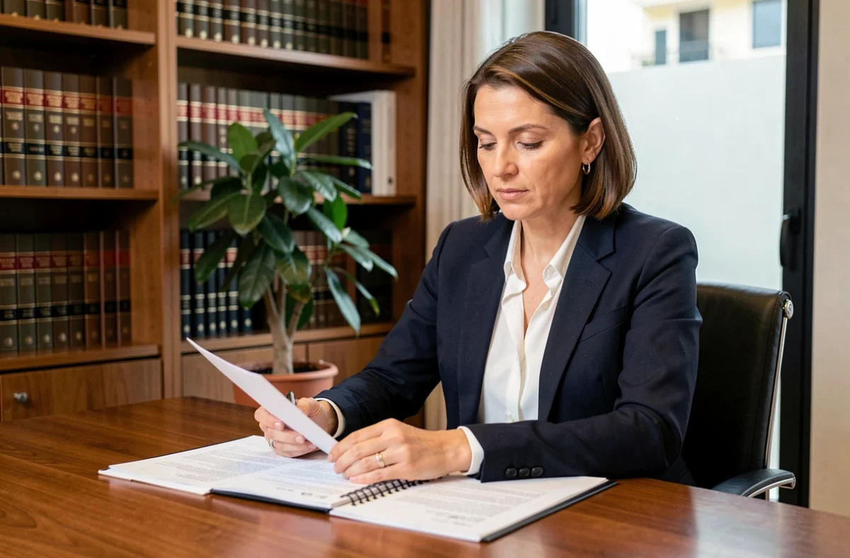 Maître Anne Catherine Colin-Chauley, avocate professionnelle au barreau d'Ajaccio, assise à son bureau avec des documents juridiques
