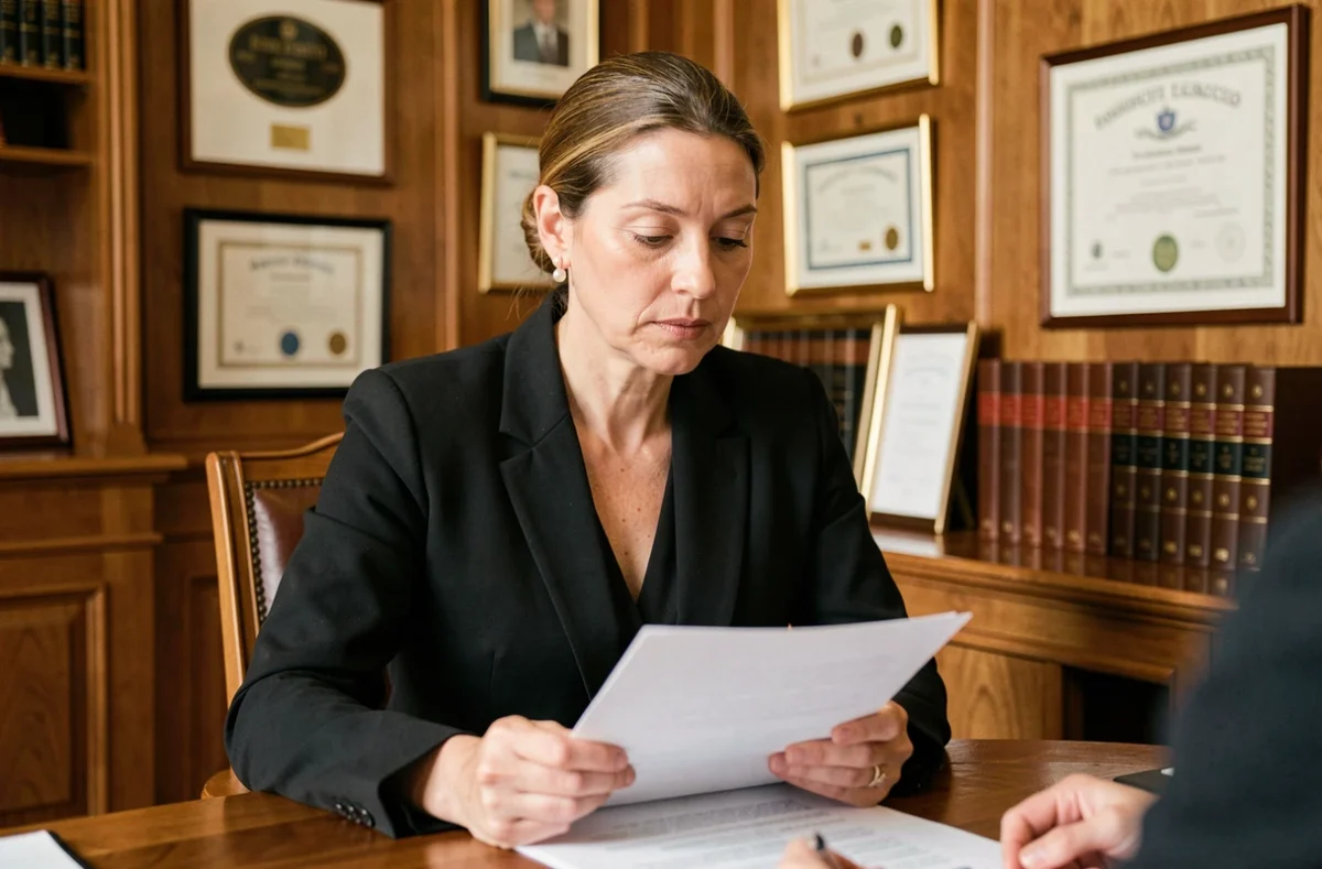Maître Anne-Cécile Coste, avocate au barreau d'Ajaccio, en consultation autour d'une table de réunion avec des documents contractuels