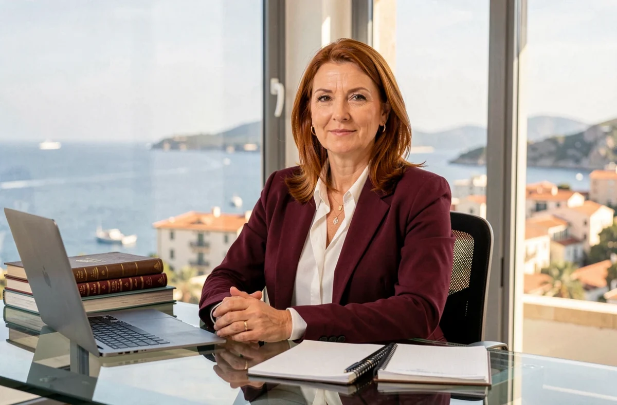 Maître Christelle Ménagé, avocate à Porto-Vecchio, assise à son bureau moderne avec vue sur le golfe en arrière-plan