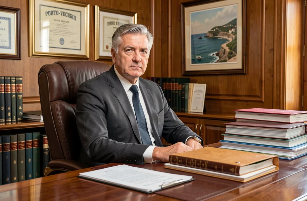 Maître Dominique Paolini, spécialiste en droit à Porto-Vecchio, assis dans son bureau traditionnel avec des ouvrages juridiques et des diplômes encadrés