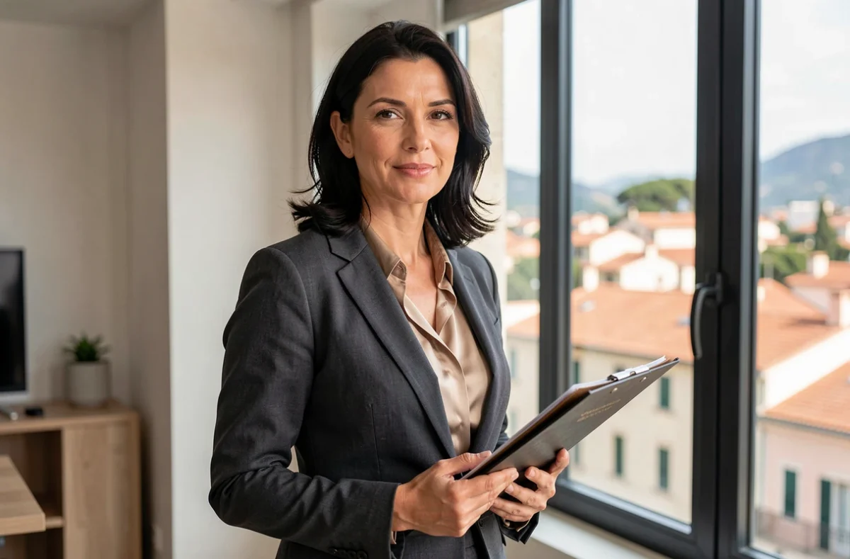Maître Nadia Seddaiu, avocate au barreau d'Ajaccio, debout près d'une fenêtre avec vue sur la ville, tenant un dossier juridique