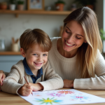 Mère et enfant dessinant ensemble dans la cuisine chaleureuse