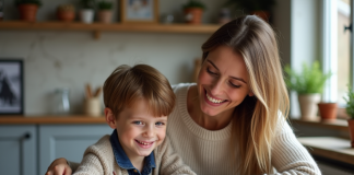 Mère et enfant dessinant ensemble dans la cuisine chaleureuse