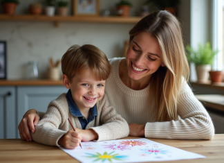 Mère et enfant dessinant ensemble dans la cuisine chaleureuse