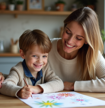 Mère et enfant dessinant ensemble dans la cuisine chaleureuse