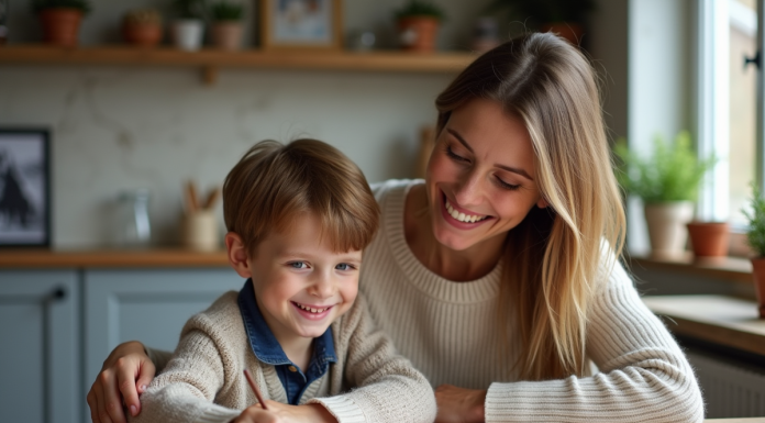 Mère et enfant dessinant ensemble dans la cuisine chaleureuse