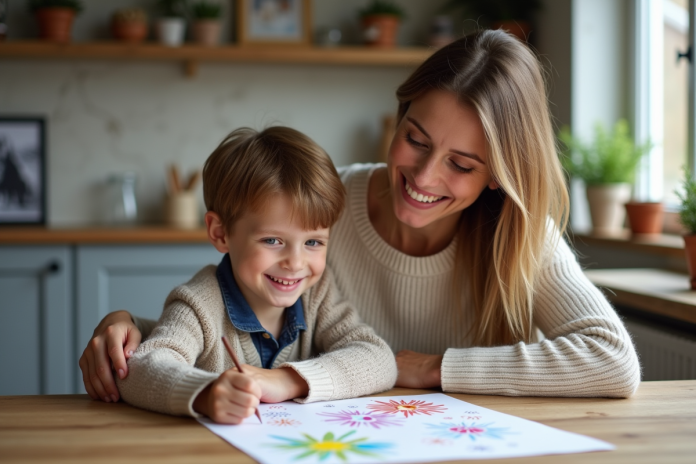 maman-enfant-dessin-cuisine Mère et enfant dessinant ensemble dans la cuisine chaleureuse