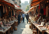 Scène de marché aux puces vintage avec objets rétro et personnes