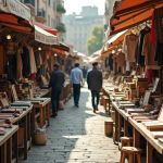 Scène de marché aux puces vintage avec objets rétro et personnes