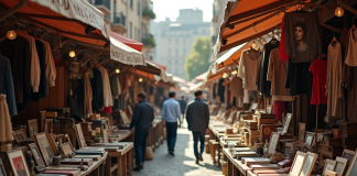 Scène de marché aux puces vintage avec objets rétro et personnes
