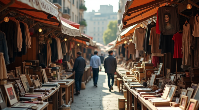 Scène de marché aux puces vintage avec objets rétro et personnes