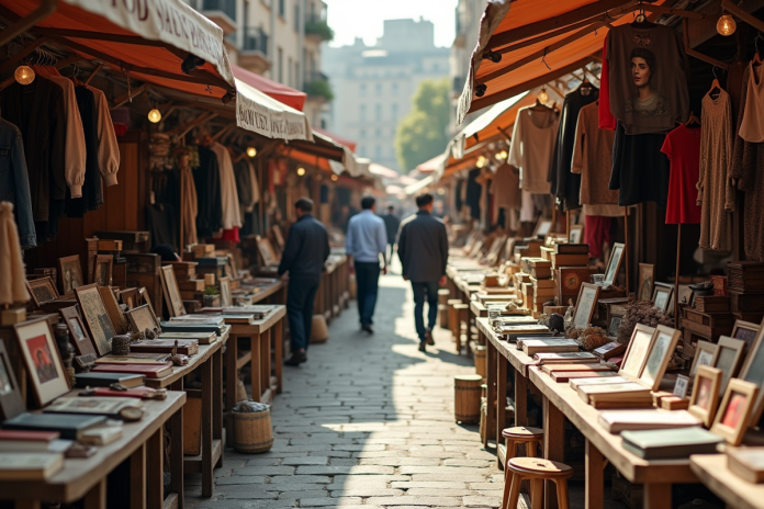 Scène de marché aux puces vintage avec objets rétro et personnes