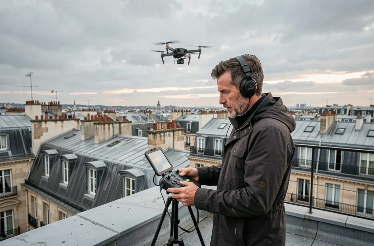 Vidéaste et photographe aérien pilotant un drone depuis un toit parisien avec vue sur les toits haussmanniens