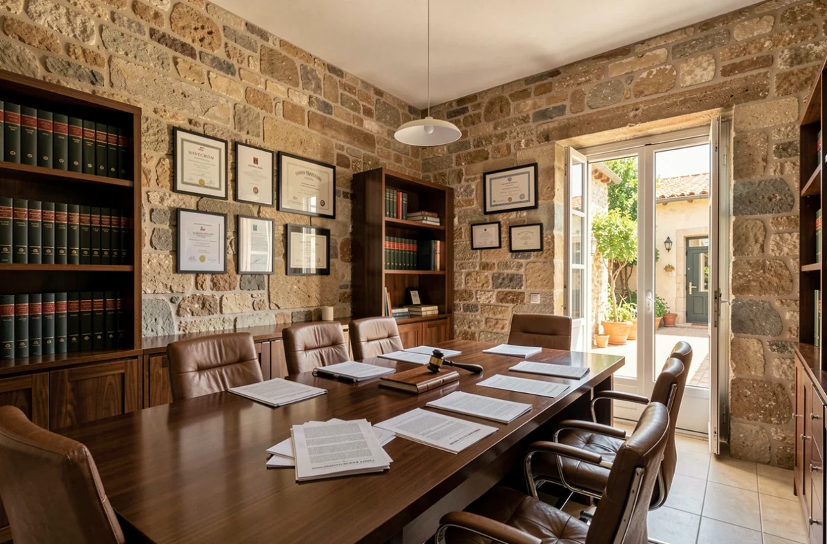 Bureau d'avocat moderne à Ajaccio avec murs en pierre corse, bibliothèque juridique et table de réunion professionnelle