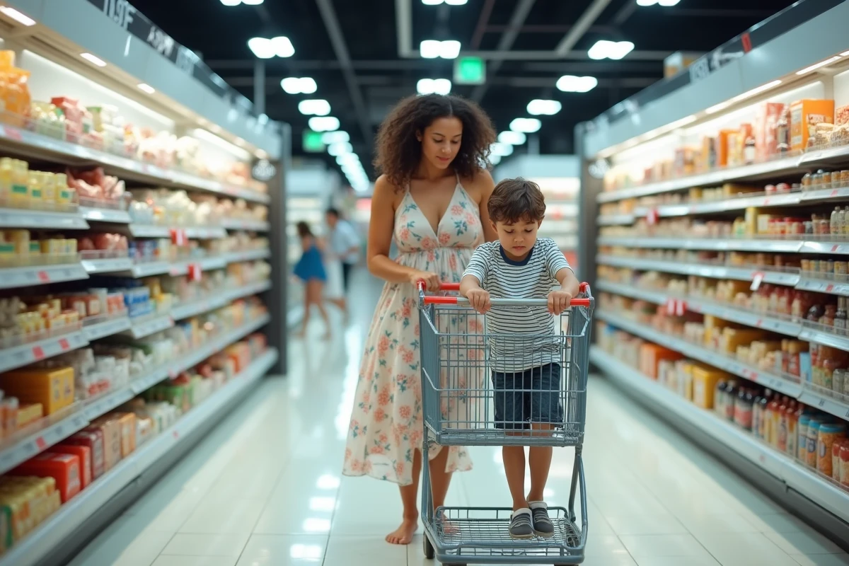 Mère et enfant faisant leurs courses dans un supermarché ouvert le dimanche à Montpellier