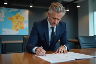 Ministre en costume bleu examinant des documents de transport