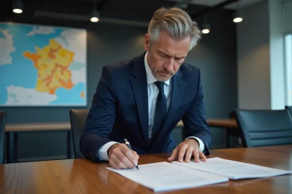 Ministre en costume bleu examinant des documents de transport