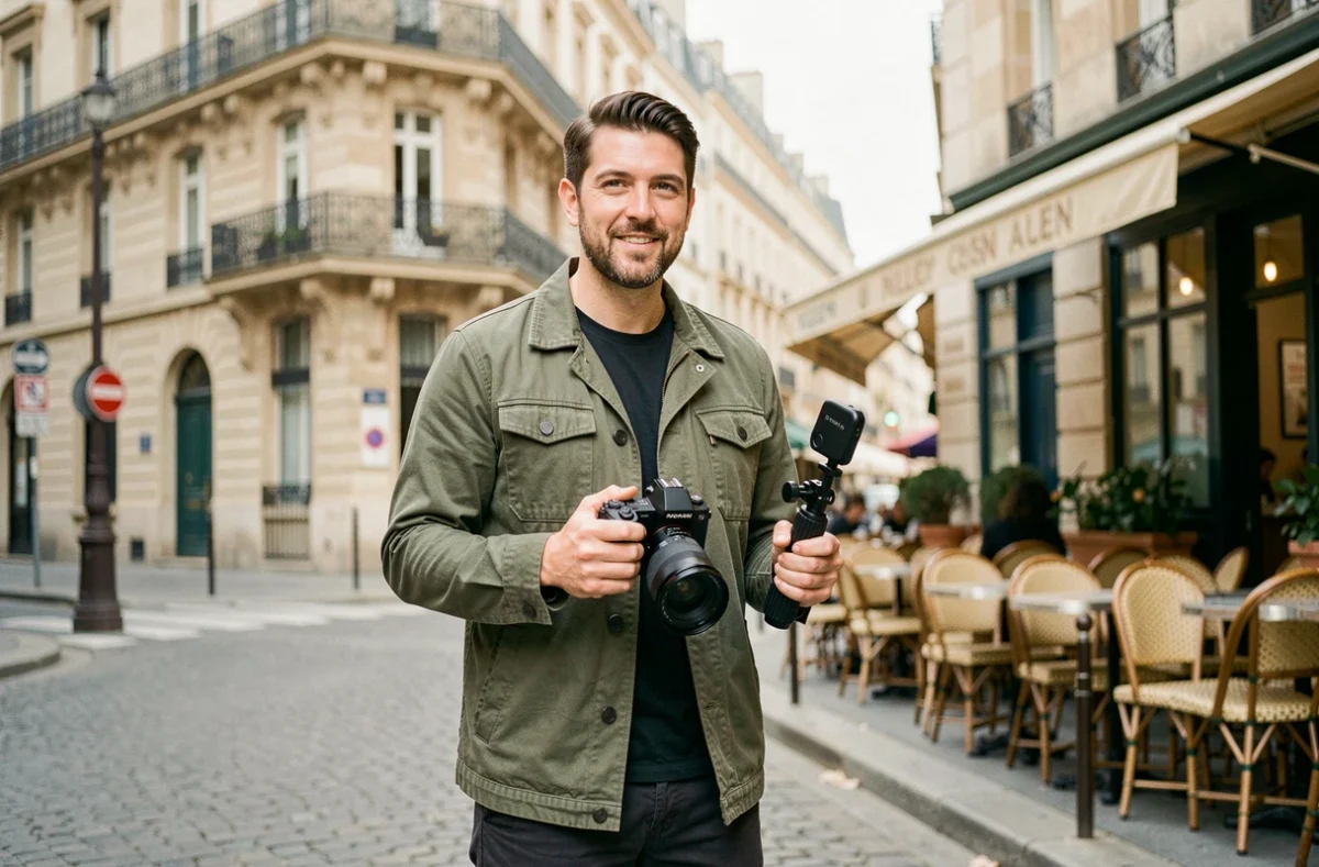 Photographe et vidéaste professionnel posant avec son matériel dans une rue parisienne