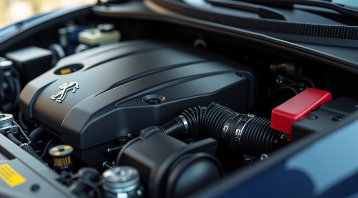 Vue rapprochee du moteur Peugeot avec composants mécaniques