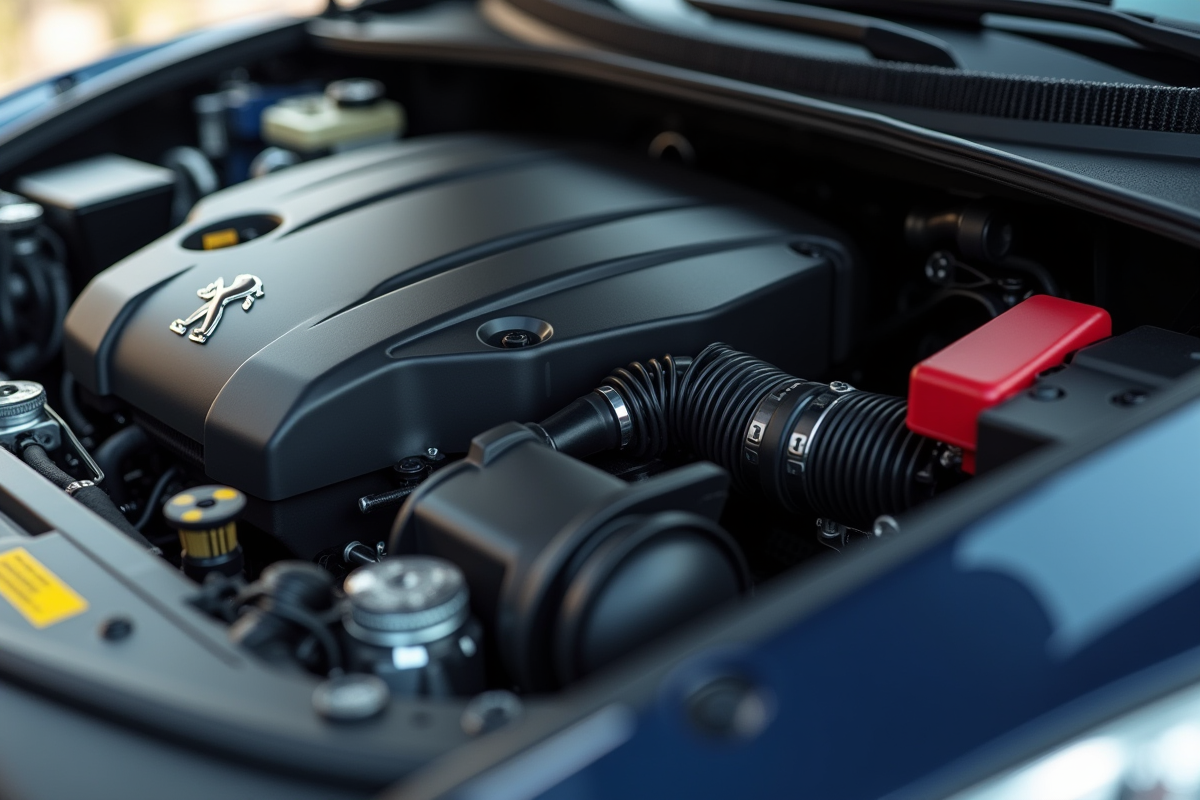 Vue rapprochee du moteur Peugeot avec composants mécaniques