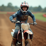 Coureur motocross masculin souriant sur sa moto en pleine nature