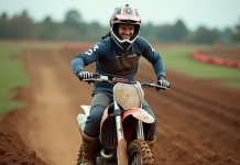 Coureur motocross masculin souriant sur sa moto en pleine nature