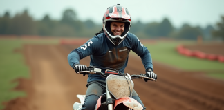 Coureur motocross masculin souriant sur sa moto en pleine nature