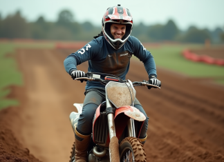 Coureur motocross masculin souriant sur sa moto en pleine nature