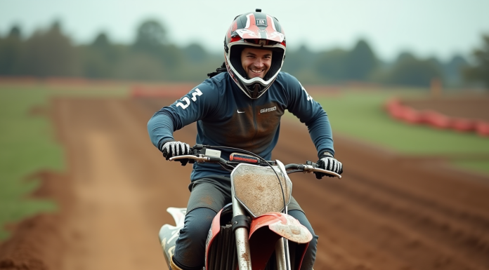 Coureur motocross masculin souriant sur sa moto en pleine nature