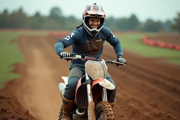 Coureur motocross masculin souriant sur sa moto en pleine nature