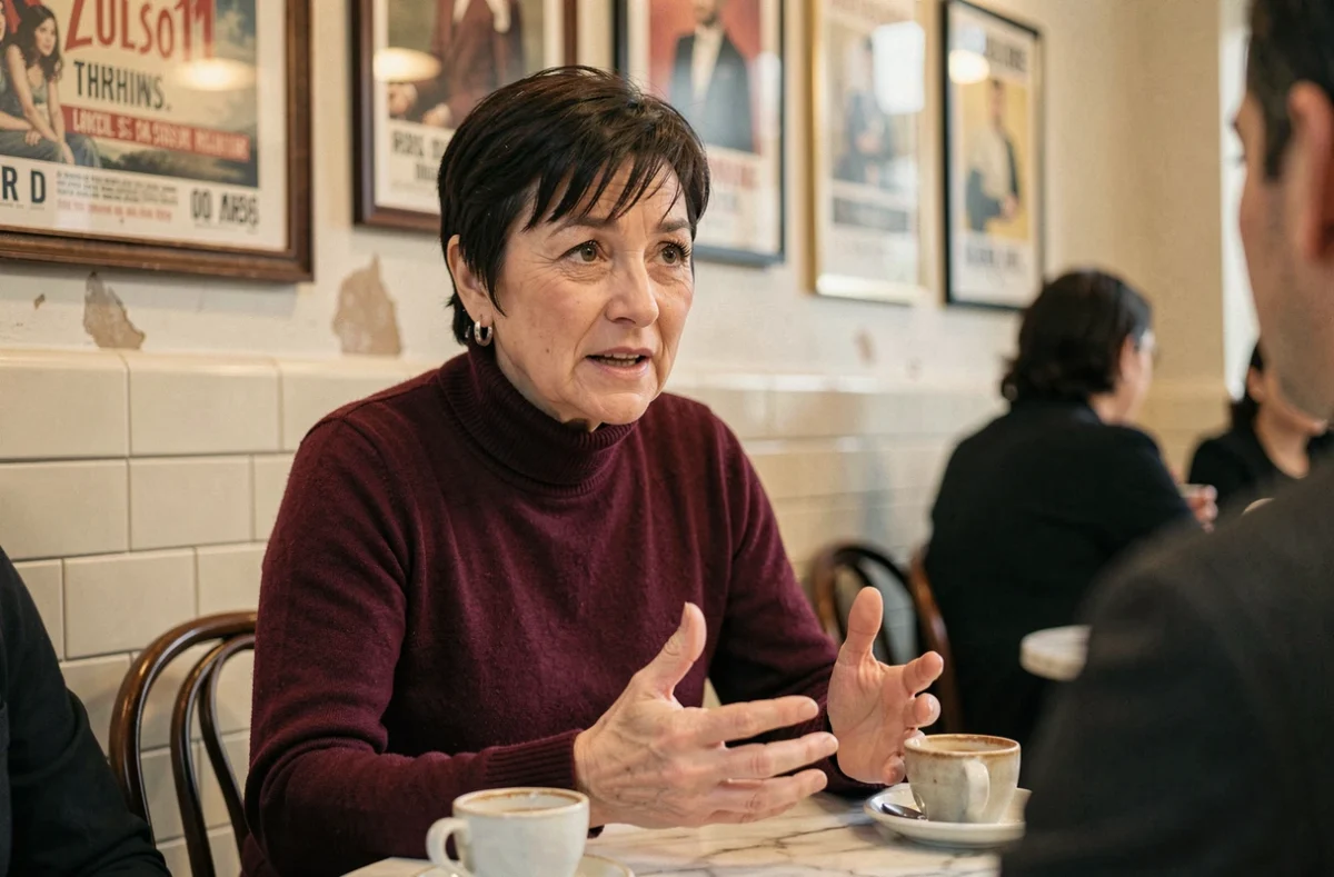Femme expressive en pull bordeaux discutant dans un café parisien, portrait éditorial illustrant une interview intimiste sur sa vie après la célébrité