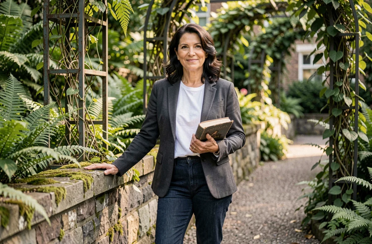 Femme élégante dans un jardin botanique urbain tenant un livre, portrait pleine longueur en tenue sobre illustrant une vie apaisée loin du show-business