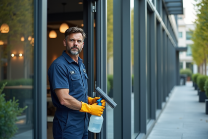 Homme en overalls nettoyant une grande porte d'entrée moderne