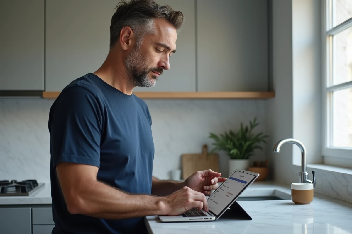 Homme consultant les paramètres d'archivage de commandes Amazon sur une tablette dans une cuisine moderne